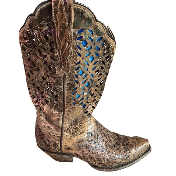 Dan Post Women's SIze 7M Brown Distressed Open Lattice Type Design Cowboy Boots - Picture 4 of 10